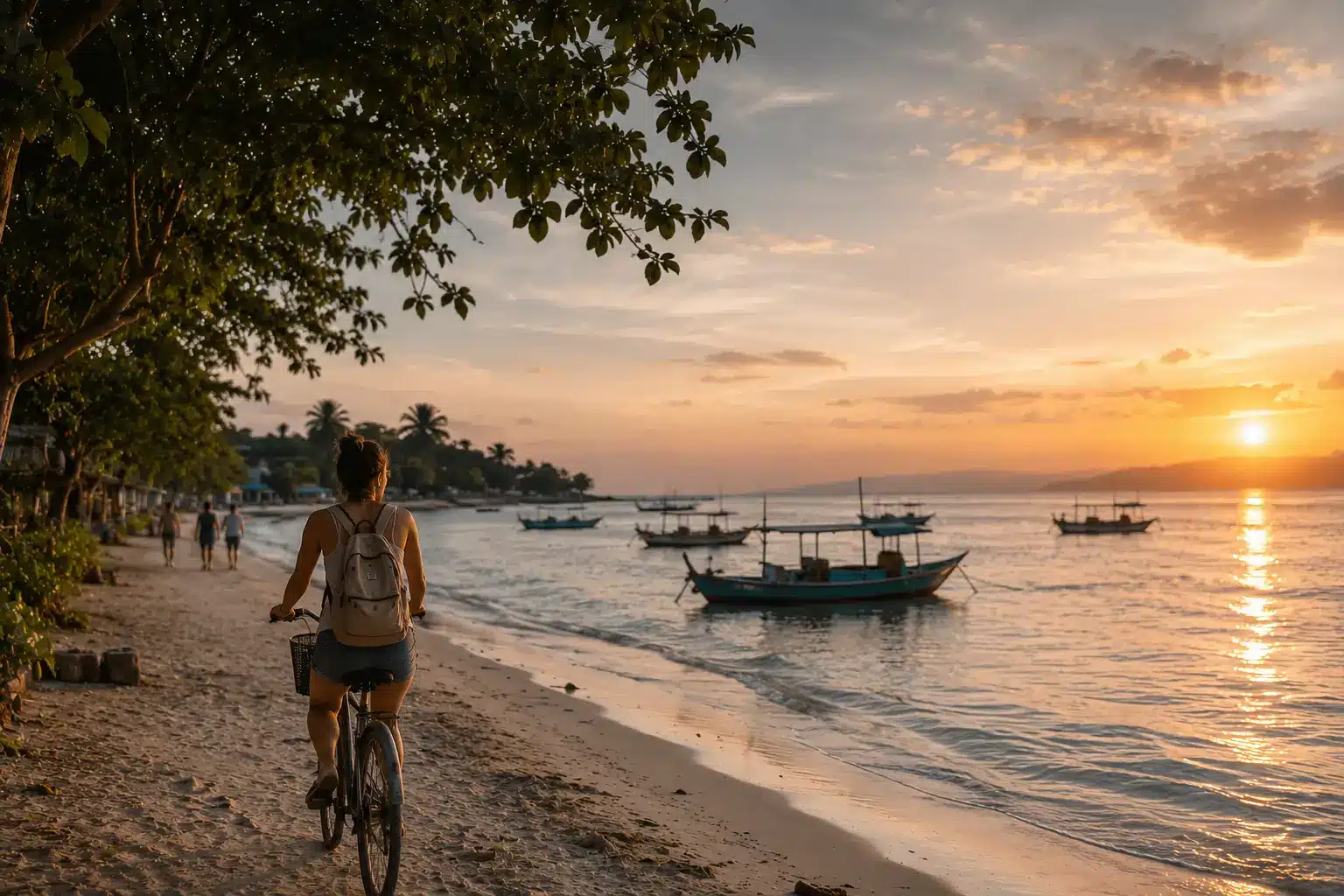 Visitor cycling along the beach at sunset with fishing boats anchored offshore in Gili Trawangan.